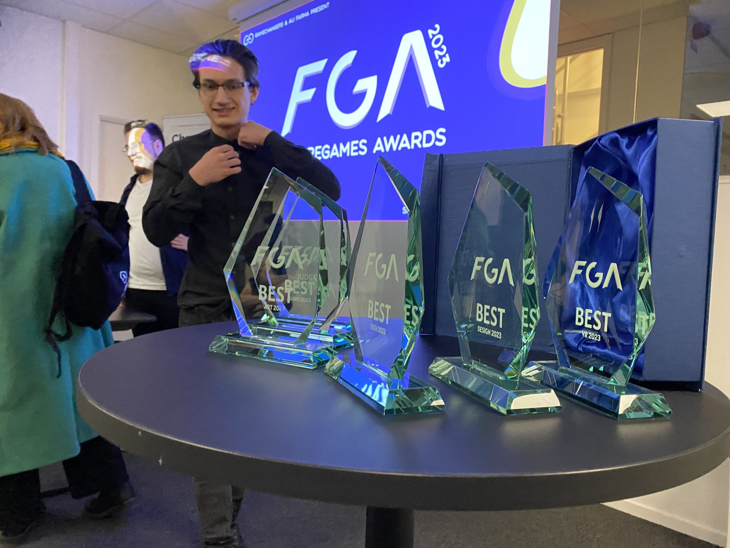 The Futuregames Awards trophies and students. 