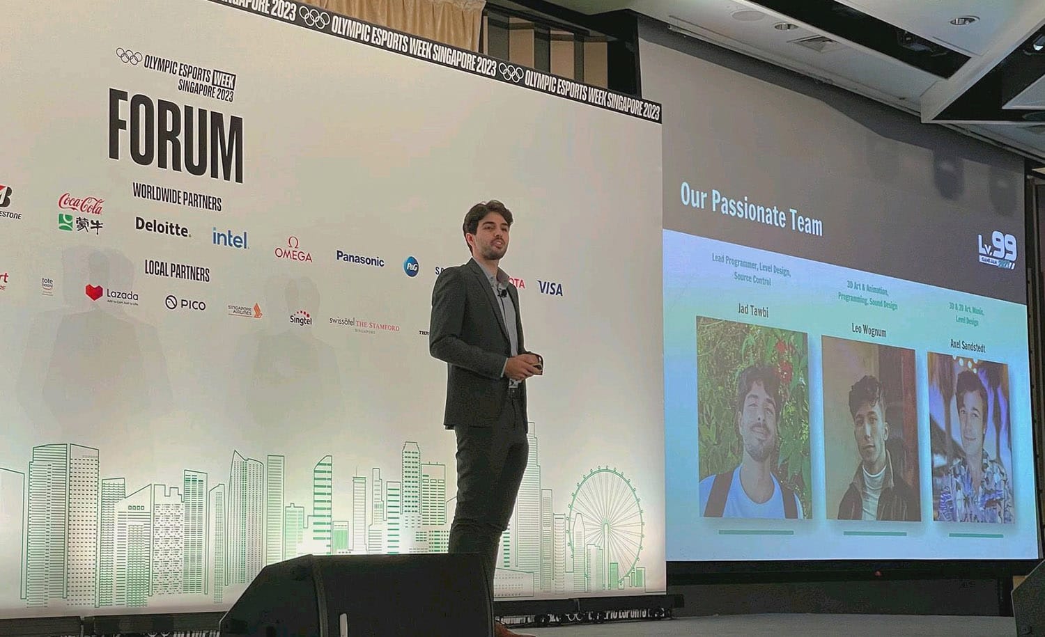 Jad Tawbi on stage during his teams presentation at LV99 Game Jam in Singapore.