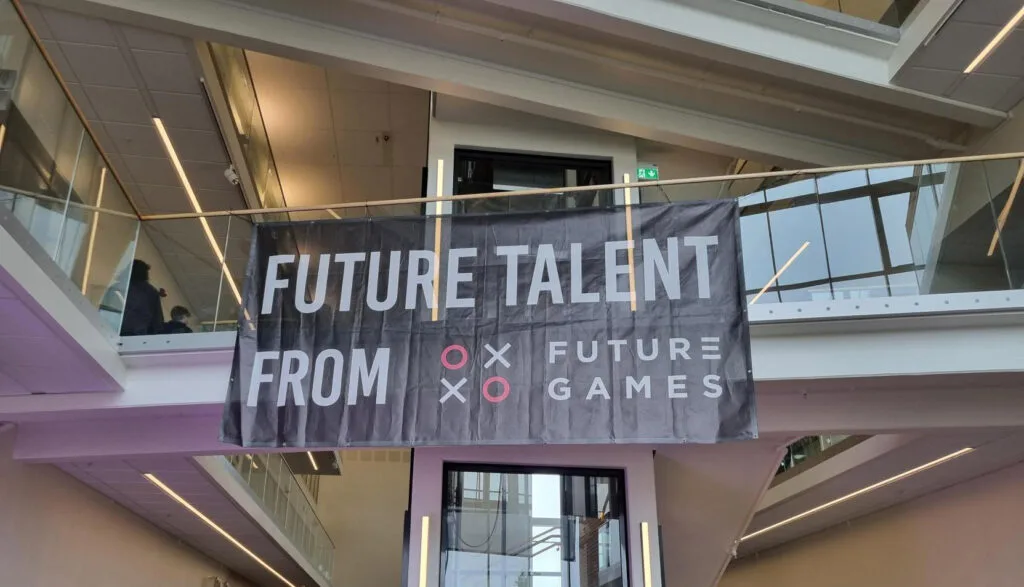 Futuregames banner with the text 'Future talent from Futuregames' displayed during the student recruitment event TING in Boden.
