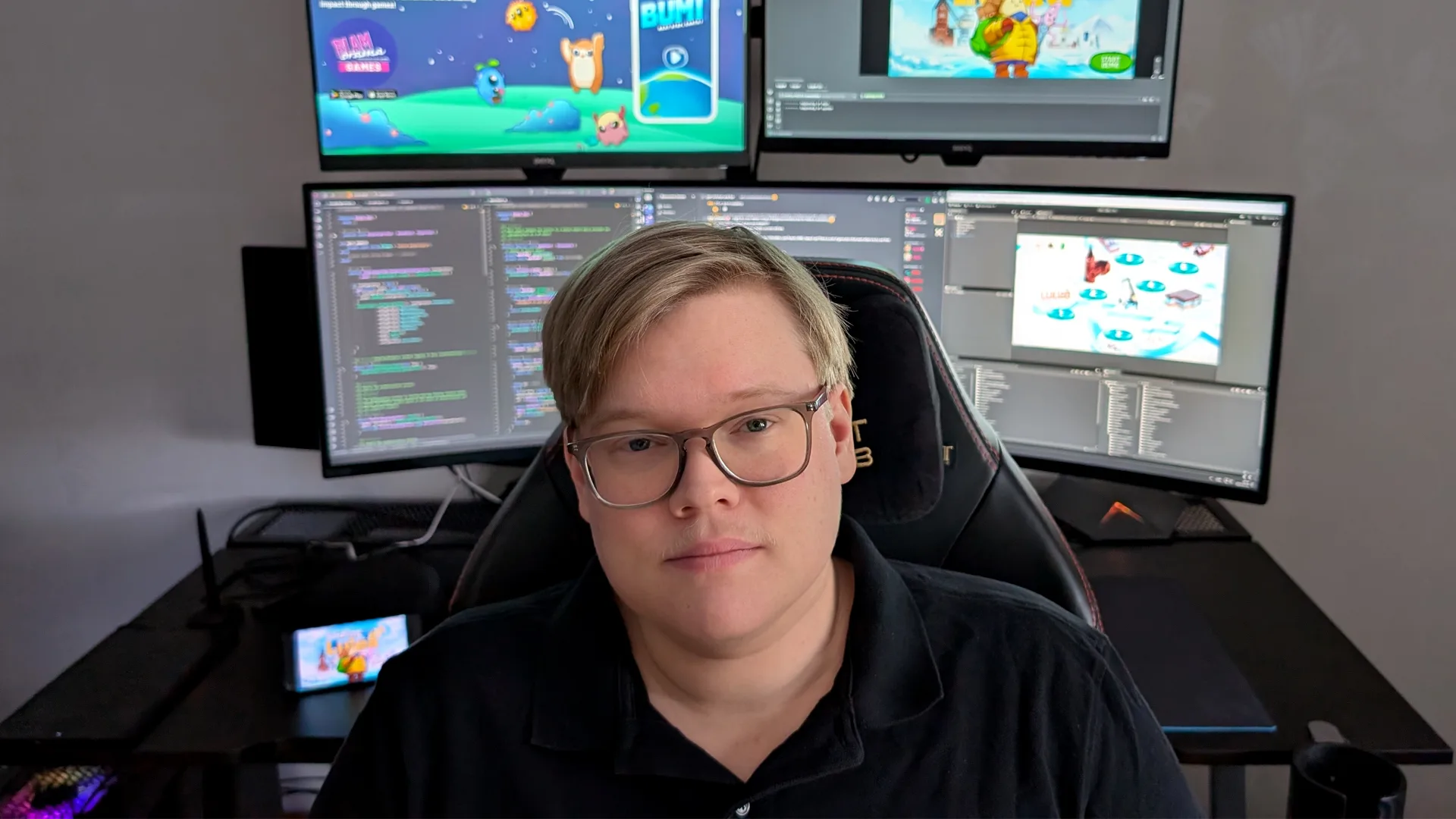 Game Programmer and Futuregames alumnus Tobias Andersson at his desk at Blamorama Games.