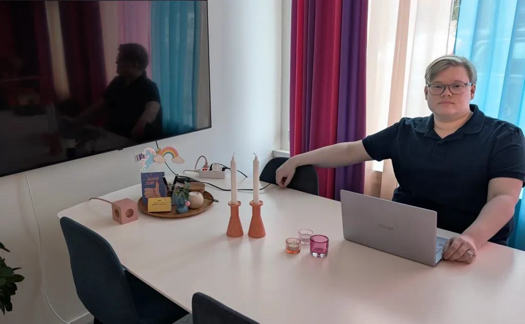 Game Programmer and Futuregames alumnus Tobias Andersson in conference room at Blamorama Games.